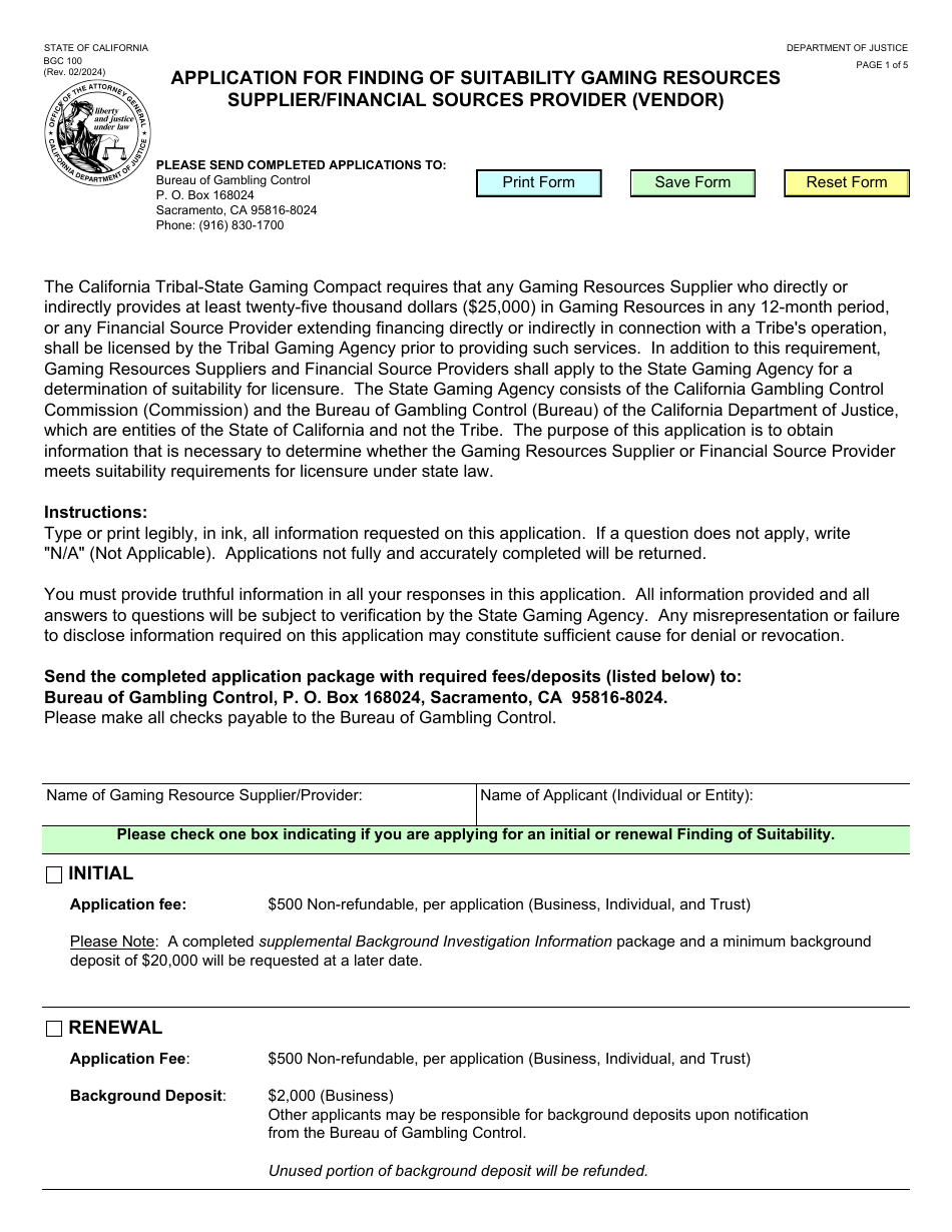 Form BGC100 Application for Finding of Suitability Gaming Resources Supplier / Financial Sources Provider (Vendor) - California, Page 1