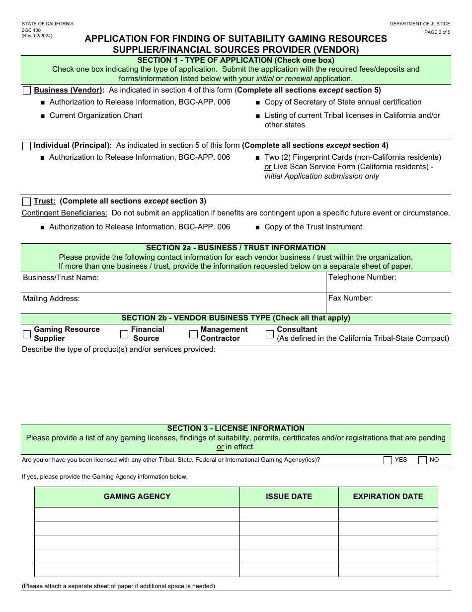 Form BGC100 Application for Finding of Suitability Gaming Resources Supplier / Financial Sources Provider (Vendor) - California, Page 2