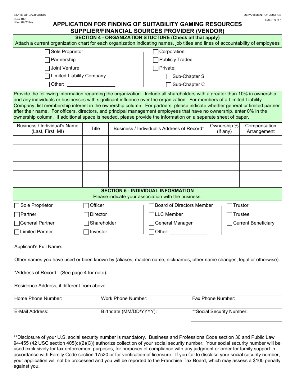 Form BGC100 Application for Finding of Suitability Gaming Resources Supplier / Financial Sources Provider (Vendor) - California, Page 3