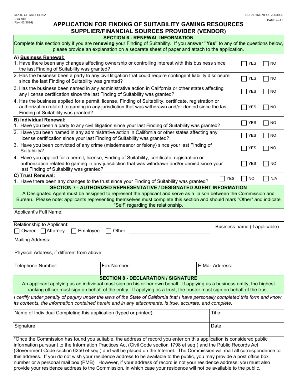Form BGC100 Application for Finding of Suitability Gaming Resources Supplier / Financial Sources Provider (Vendor) - California, Page 4