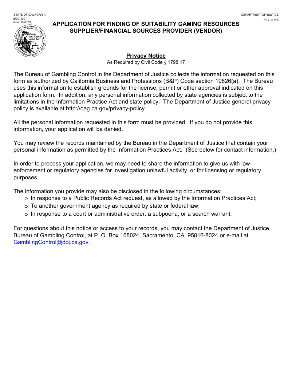 Form BGC100 Application for Finding of Suitability Gaming Resources Supplier / Financial Sources Provider (Vendor) - California, Page 5