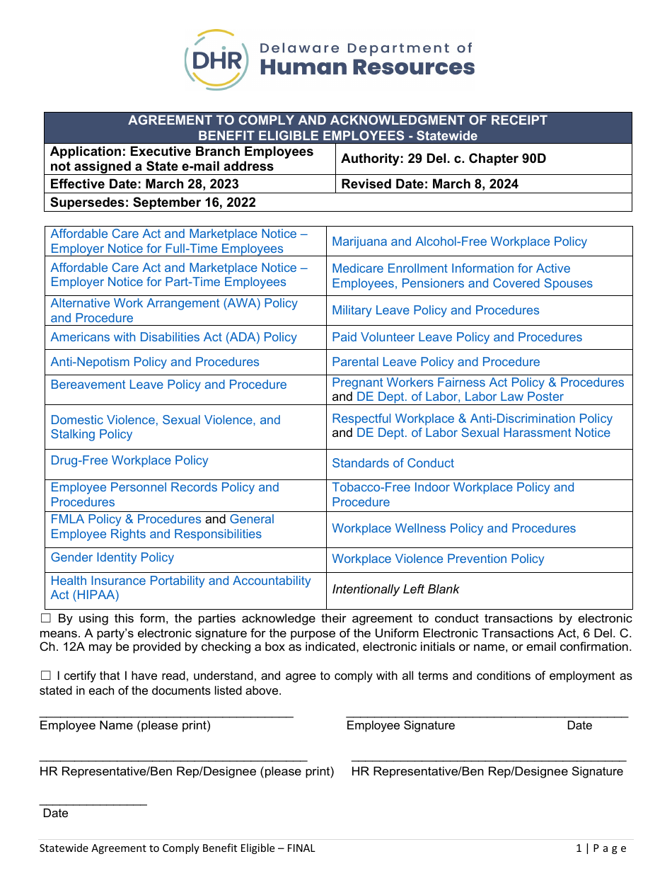 Agreement to Comply and Acknowledgment of Receipt Benefit Eligible Employees - Statewide - Delaware, Page 1