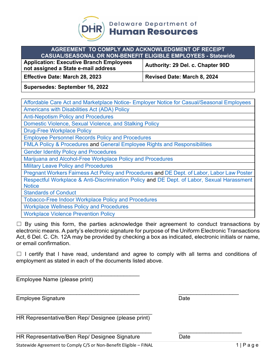 Agreement to Comply and Acknowledgment of Receipt Casual / Seasonal or Non-benefit Eligible Employees - Statewide - Delaware, Page 1