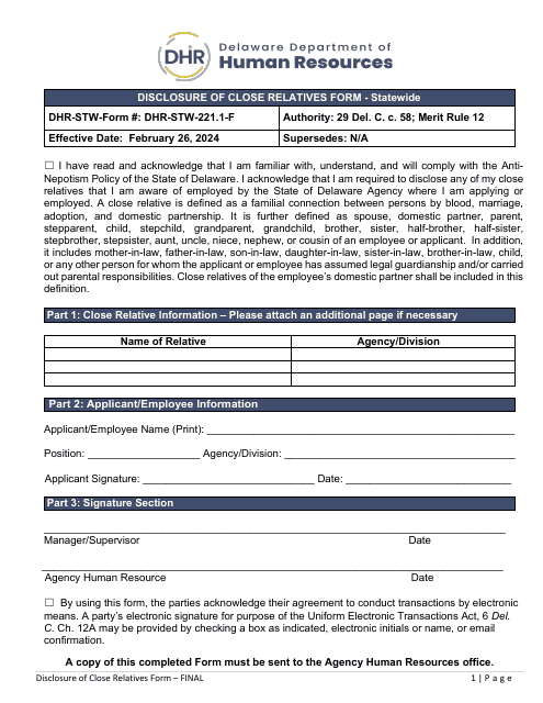 Form DHR-STW-221.1-F Disclosure of Close Relatives Form - Statewide - Delaware