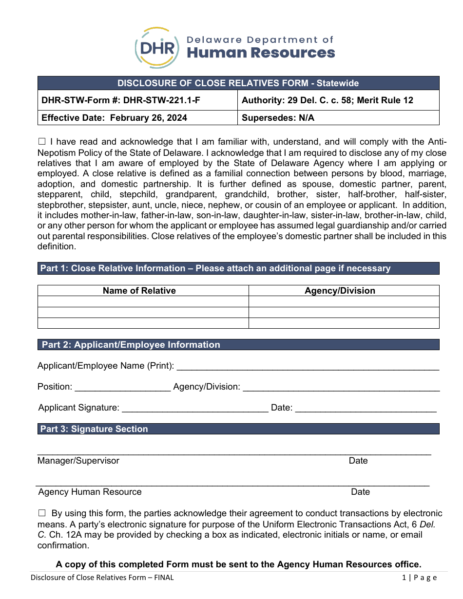 Form DHR-STW-221.1-F Disclosure of Close Relatives Form - Statewide - Delaware, Page 1