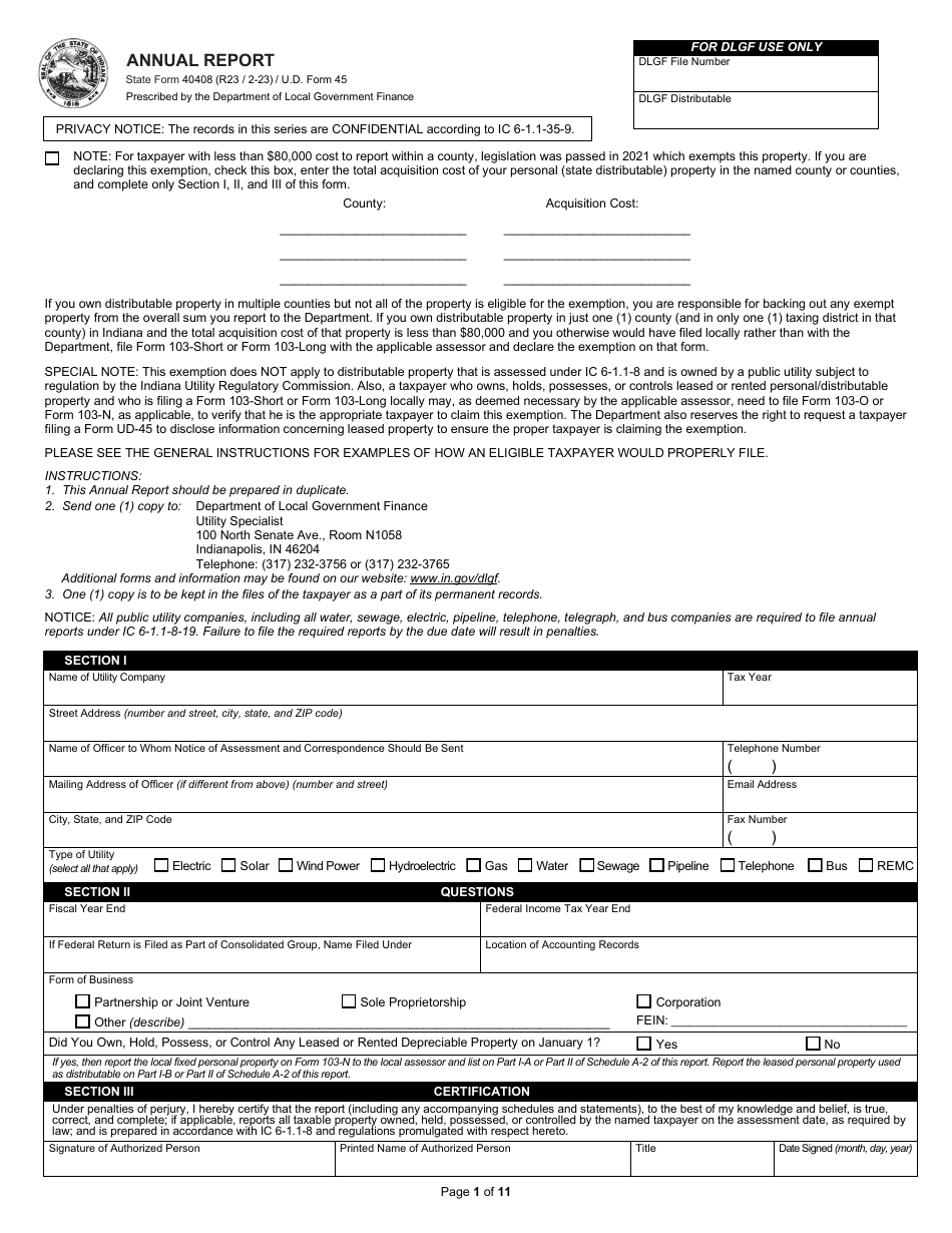 State Form 40408 (U.D. Form 45) Annual Report - Indiana, Page 1