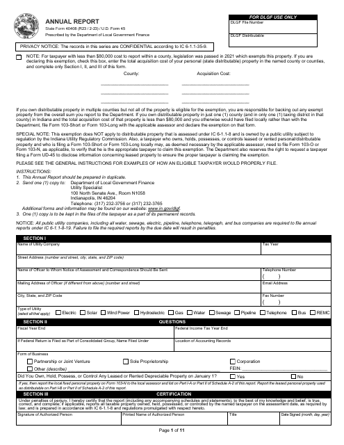 State Form 40408 (U.D. Form 45) Annual Report - Indiana