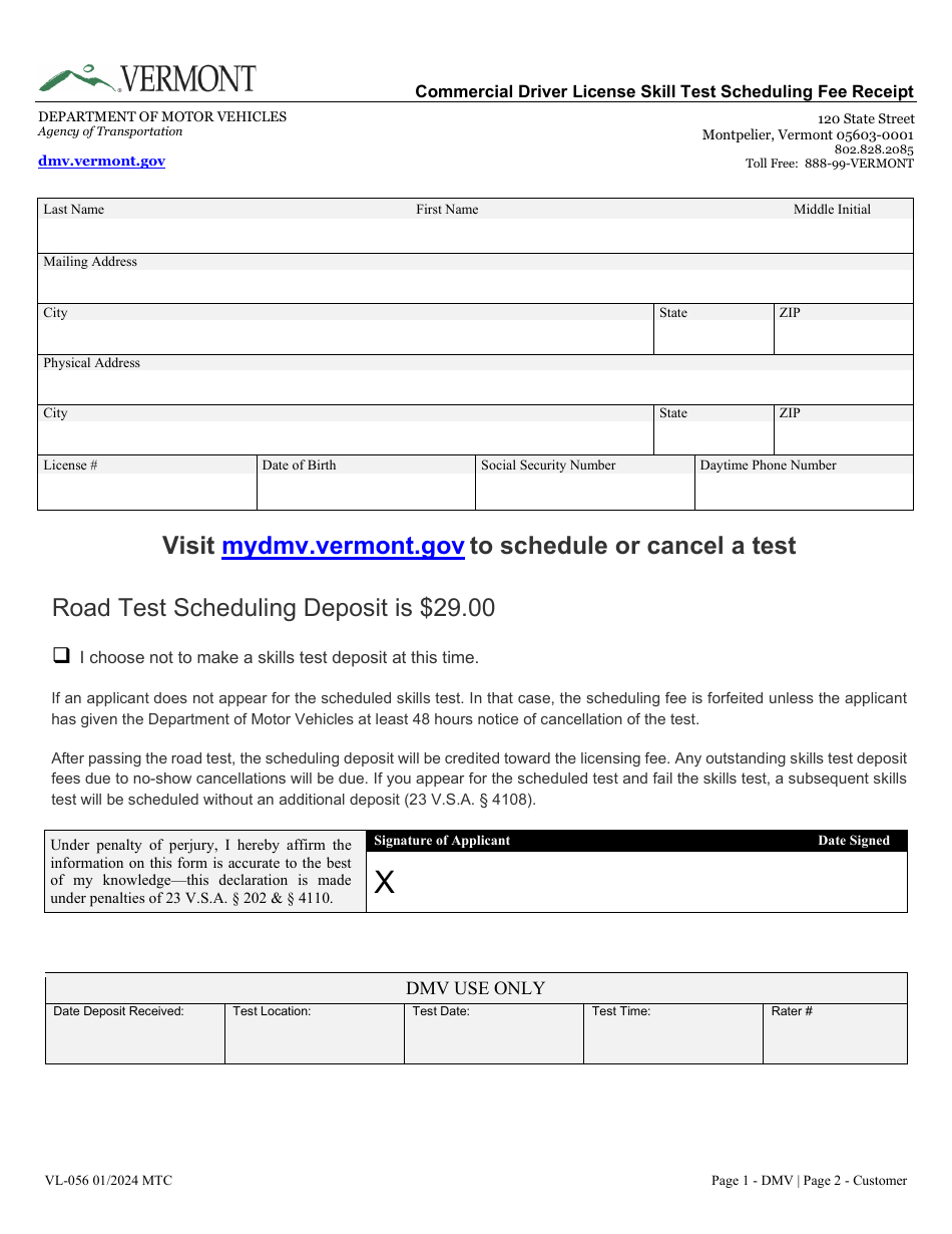 Form VL-056 Commercial Driver License Skill Test Scheduling Fee Receipt - Vermont, Page 1