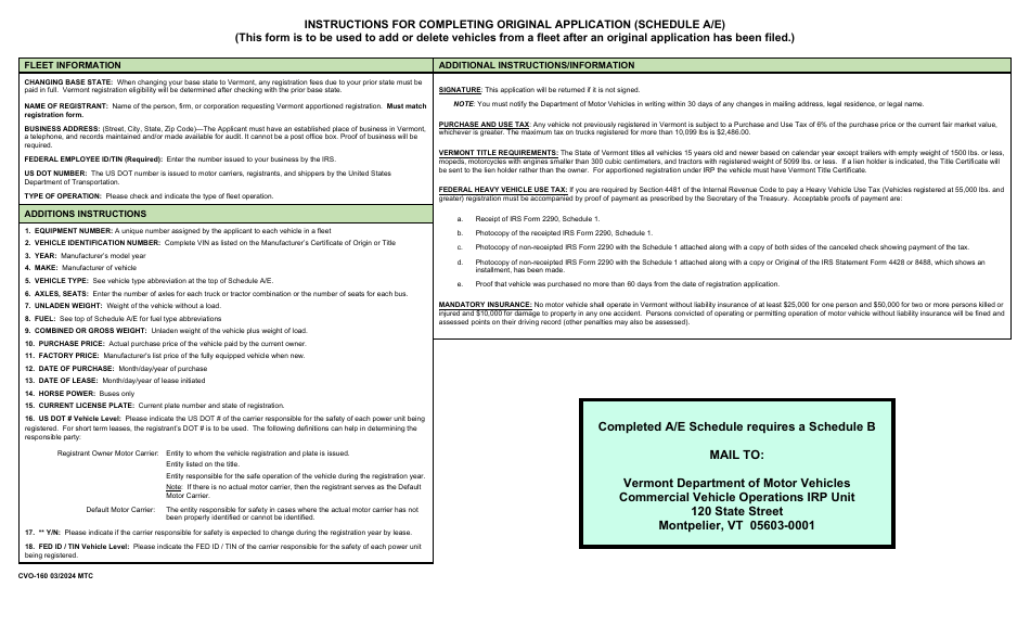 Form CVO-160 Schedule A / E Original / Renewal Application Schedule - International Registration Plan - Vermont, Page 2