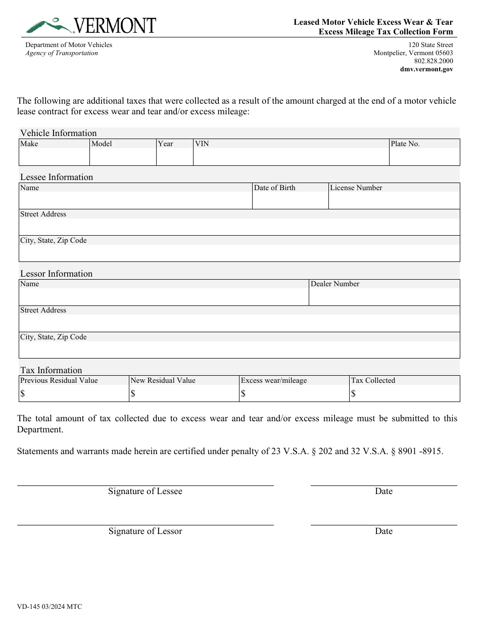 Form VD-145 Leased Motor Vehicle Excess Wear and Tear Excess Mileage Tax Collection Form - Vermont, Page 1