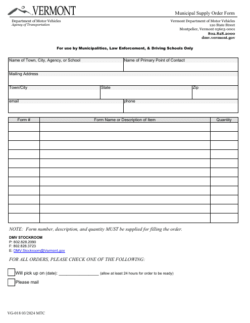 Form VG-018 Municipal Supply Order Form - Vermont