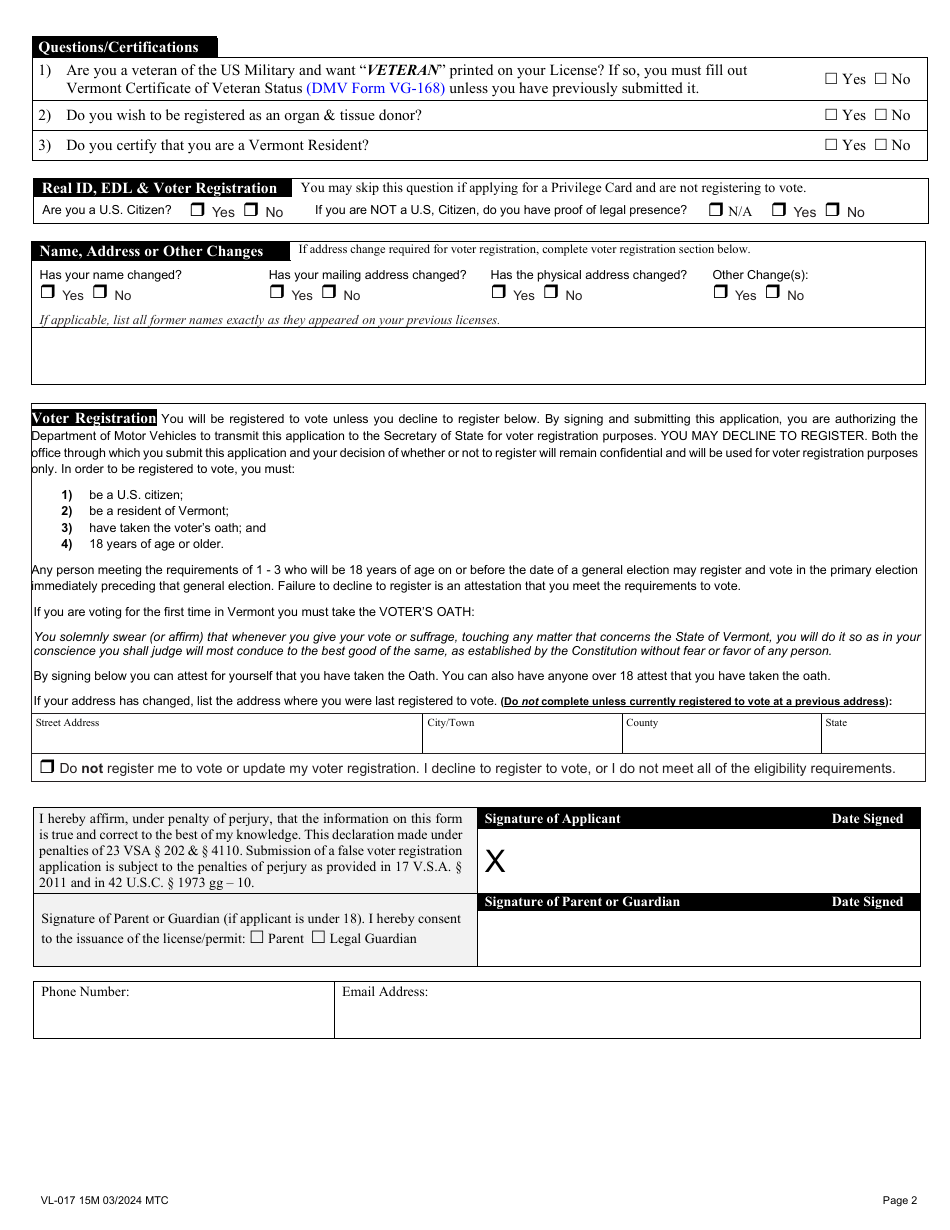 Form VL-017 Application for Non-driver Id - Vermont, Page 2