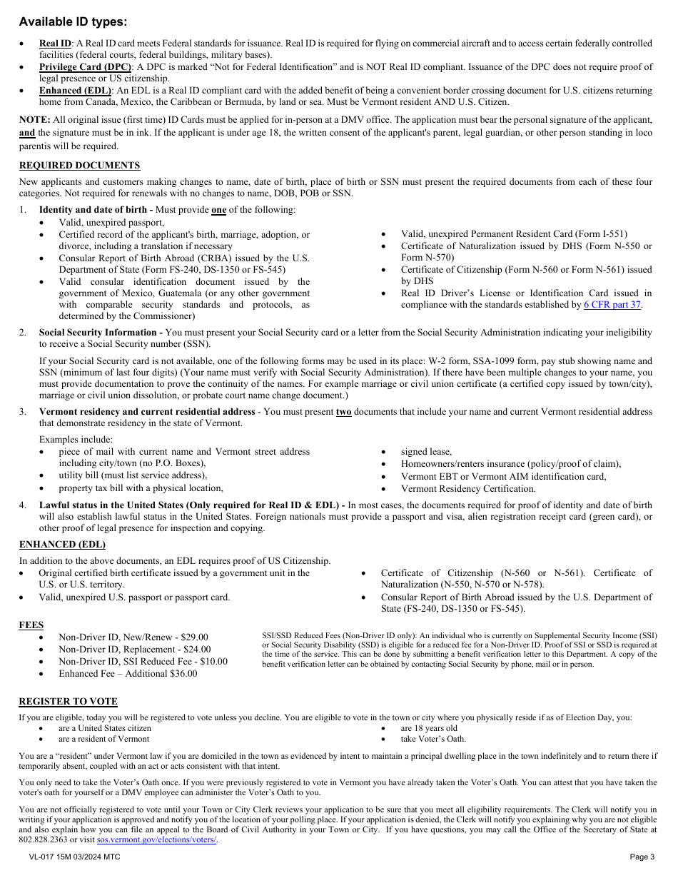 Form VL-017 Application for Non-driver Id - Vermont, Page 3