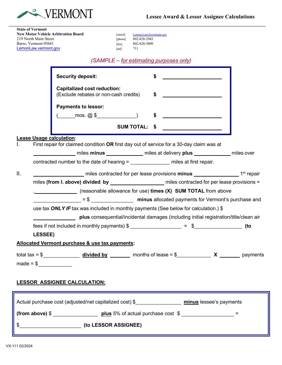 Form VX-111 Lessee Award and Lessor Assignee Calculations - Vermont, Page 1
