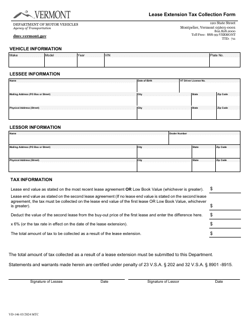 Form VD-146 Lease Extension Tax Collection Form - Vermont
