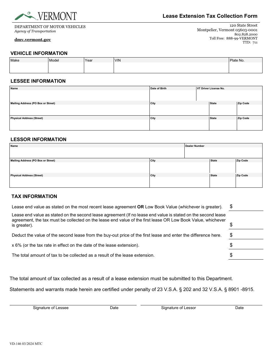 Form VD-146 Lease Extension Tax Collection Form - Vermont, Page 1