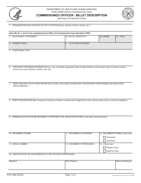 Form PHS-4392 Commissioned Officer - Billet Description