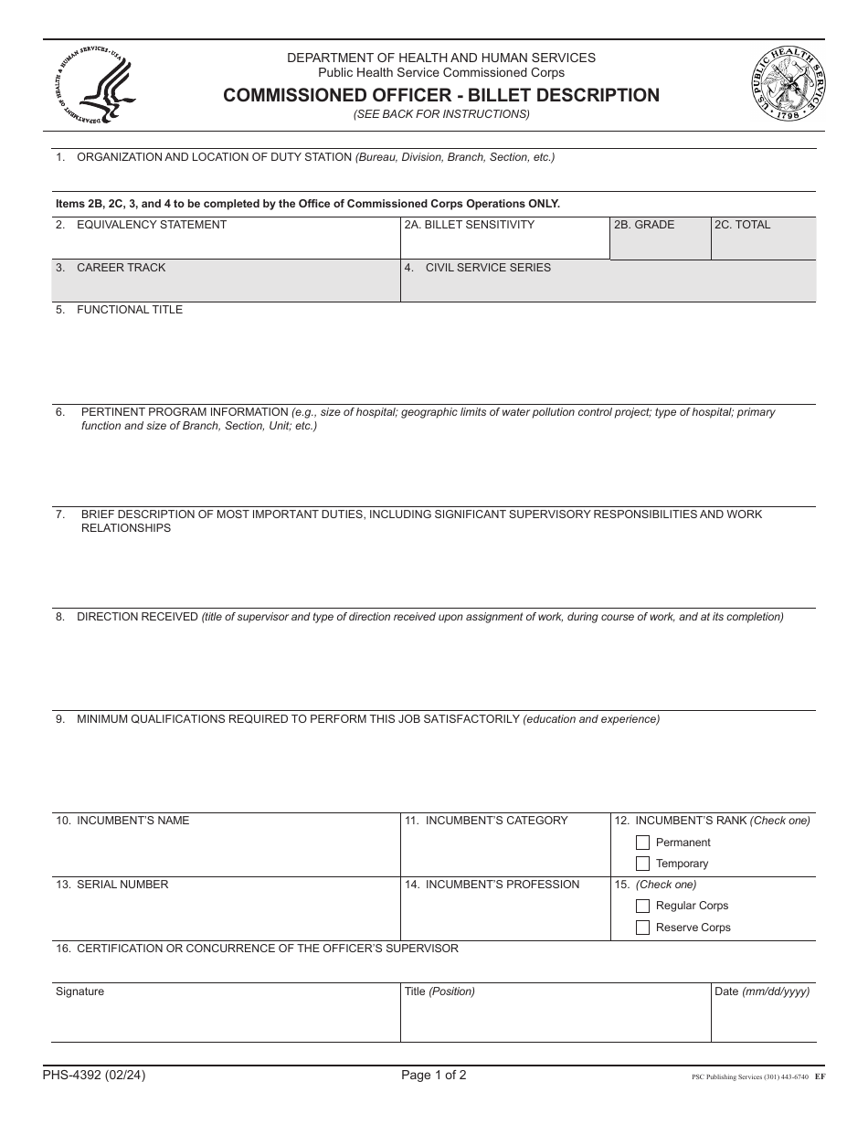 Form PHS-4392 Commissioned Officer - Billet Description, Page 1