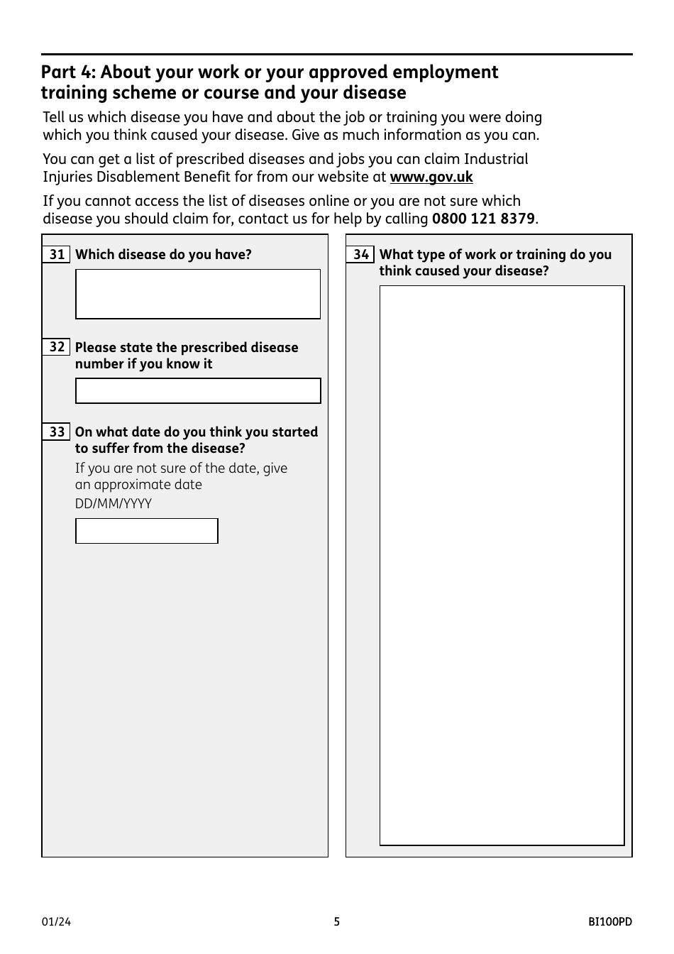 Form BI100PD Industrial Injuries Disablement Benefit for a Prescribed Industrial Disease - United Kingdom, Page 5
