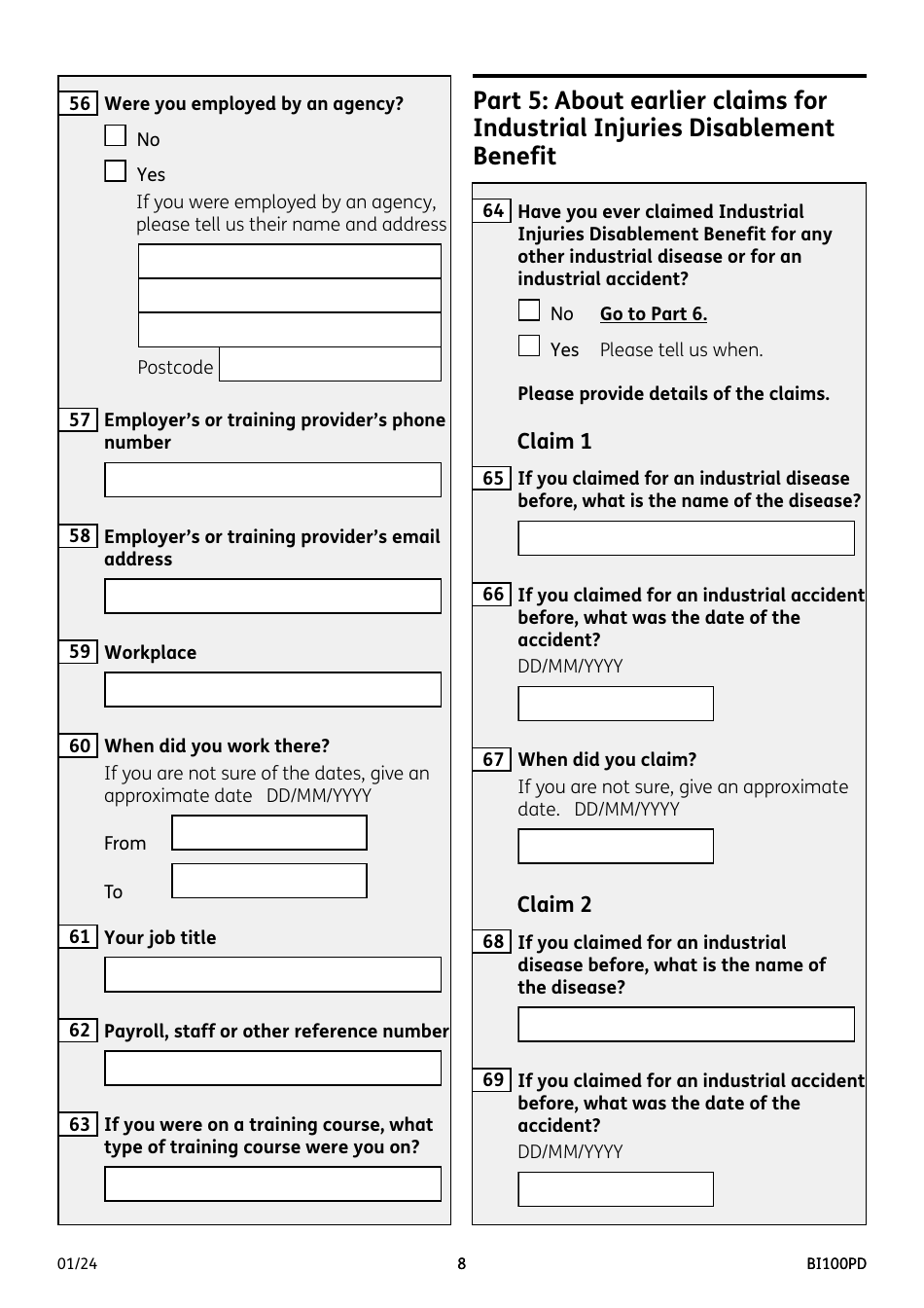 Form BI100PD Industrial Injuries Disablement Benefit for a Prescribed Industrial Disease - United Kingdom, Page 8