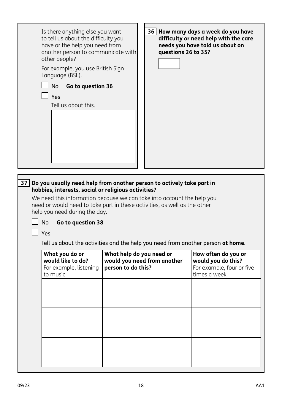 Form AA1 Attendance Allowance for People of State Pension Age or Over - United Kingdom, Page 18
