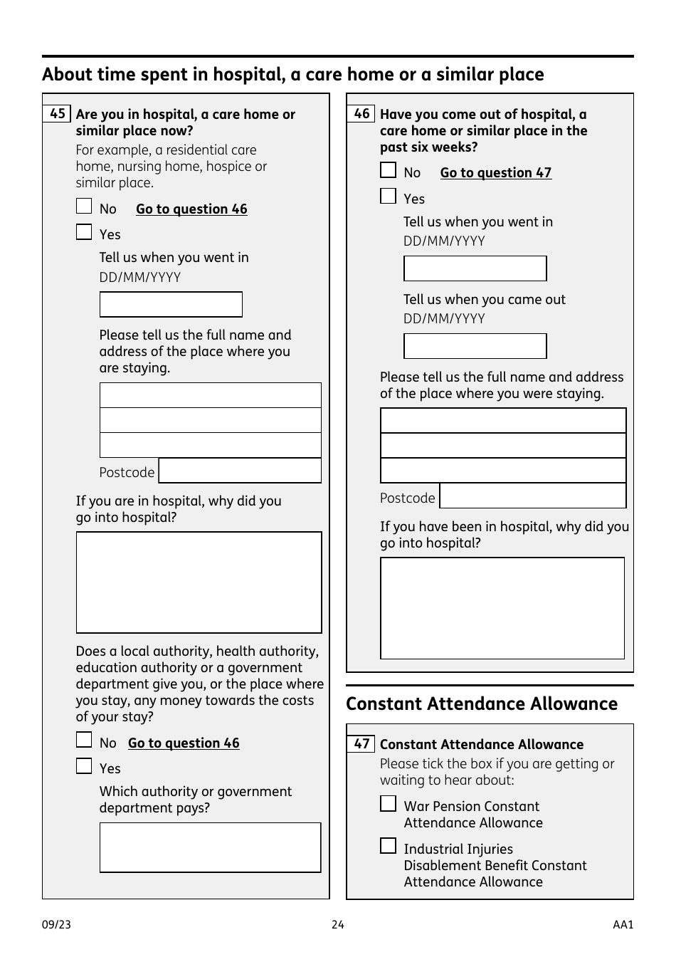 Form AA1 Attendance Allowance for People of State Pension Age or Over - United Kingdom, Page 24