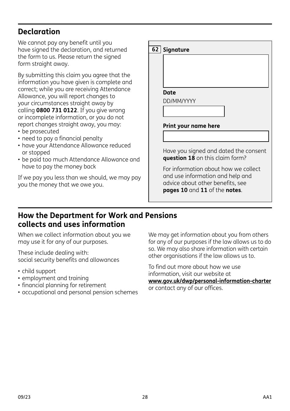 Form AA1 Attendance Allowance for People of State Pension Age or Over - United Kingdom, Page 28