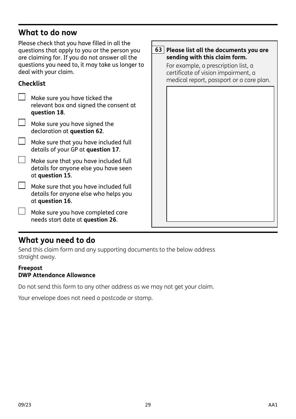 Form AA1 Attendance Allowance for People of State Pension Age or Over - United Kingdom, Page 29