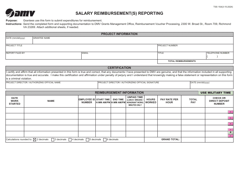 Form TSS15A Salary Reimbursement(S) Reporting - Virginia
