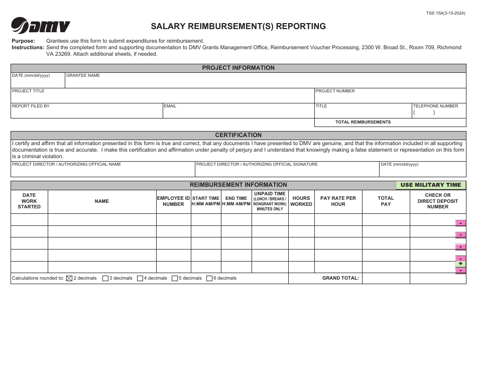 Form TSS15A Salary Reimbursement(S) Reporting - Virginia, Page 1