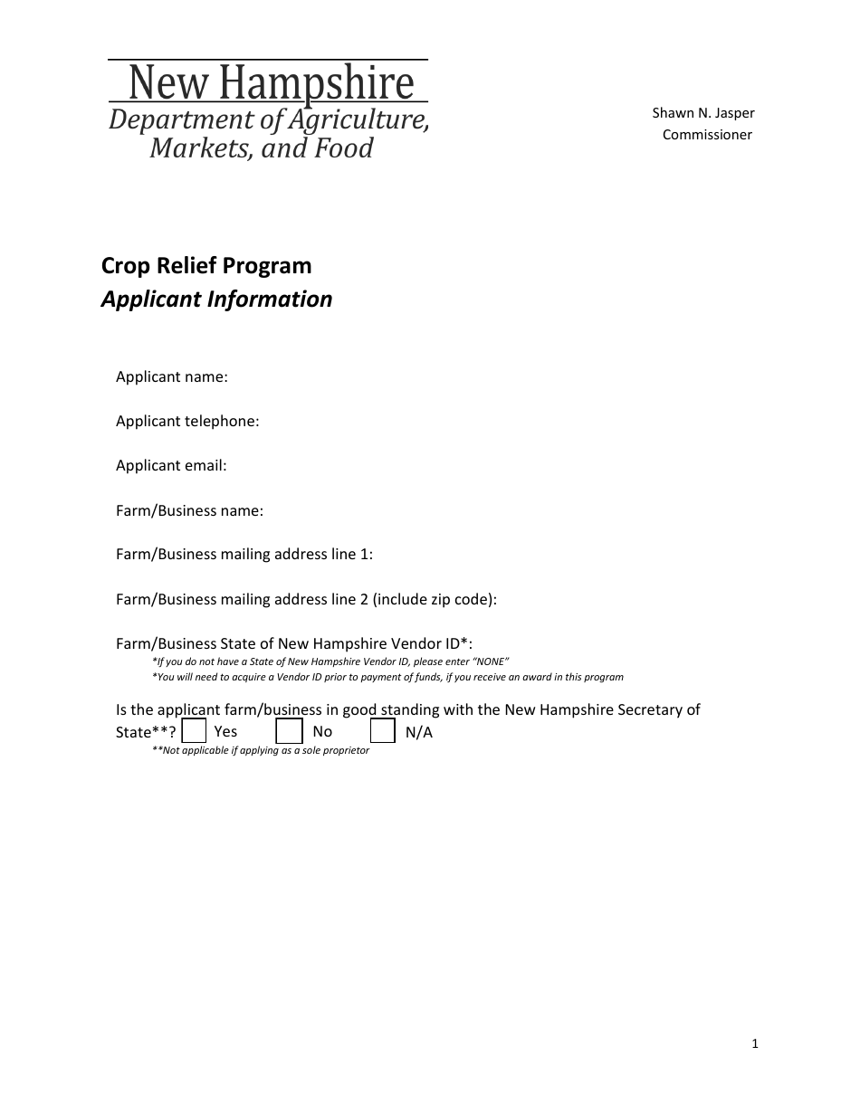 Crop Relief Program Applicant Information - New Hampshire, Page 1