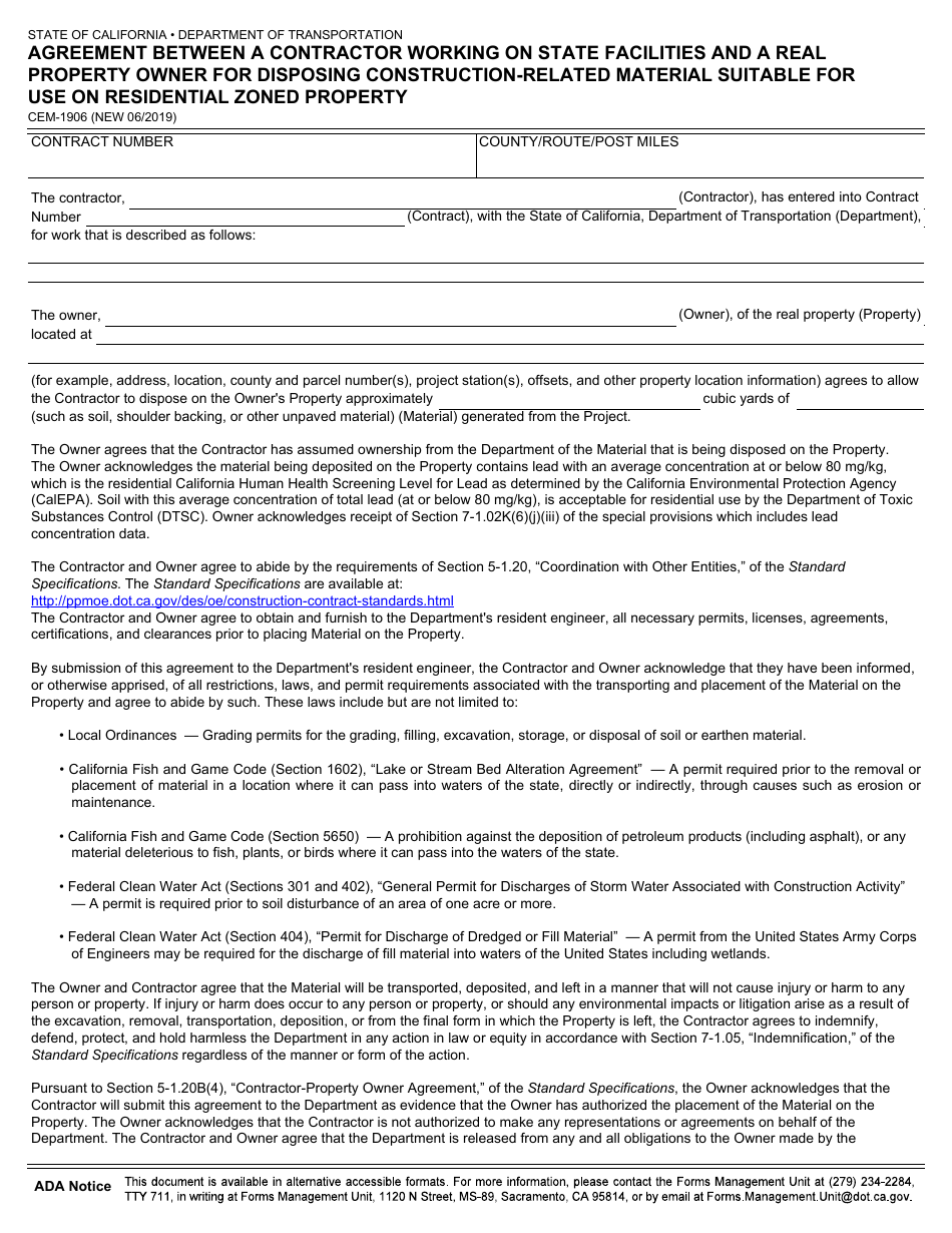 Form CEM-1906 Agreement Between a Contractor Working on State Facilities and a Real Property Owner for Disposing Construction-Related Material Suitable for Use on Residential Zoned Property - California, Page 1