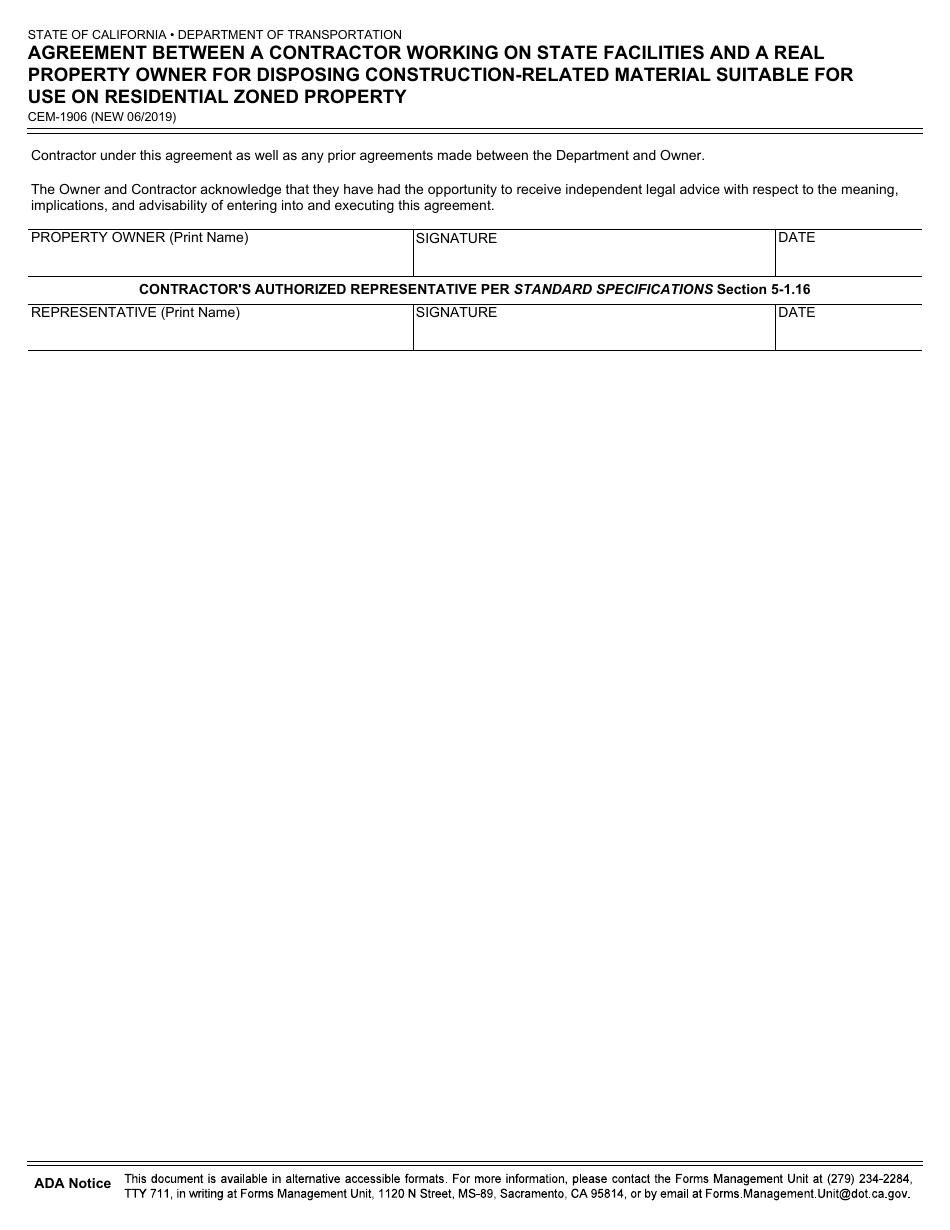 Form CEM-1906 Agreement Between a Contractor Working on State Facilities and a Real Property Owner for Disposing Construction-Related Material Suitable for Use on Residential Zoned Property - California, Page 2