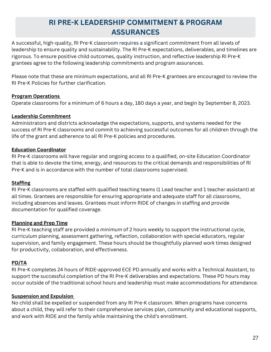 Rhode Island Pre-kindergarten Expansion Grant Application - Rhode Island, Page 27