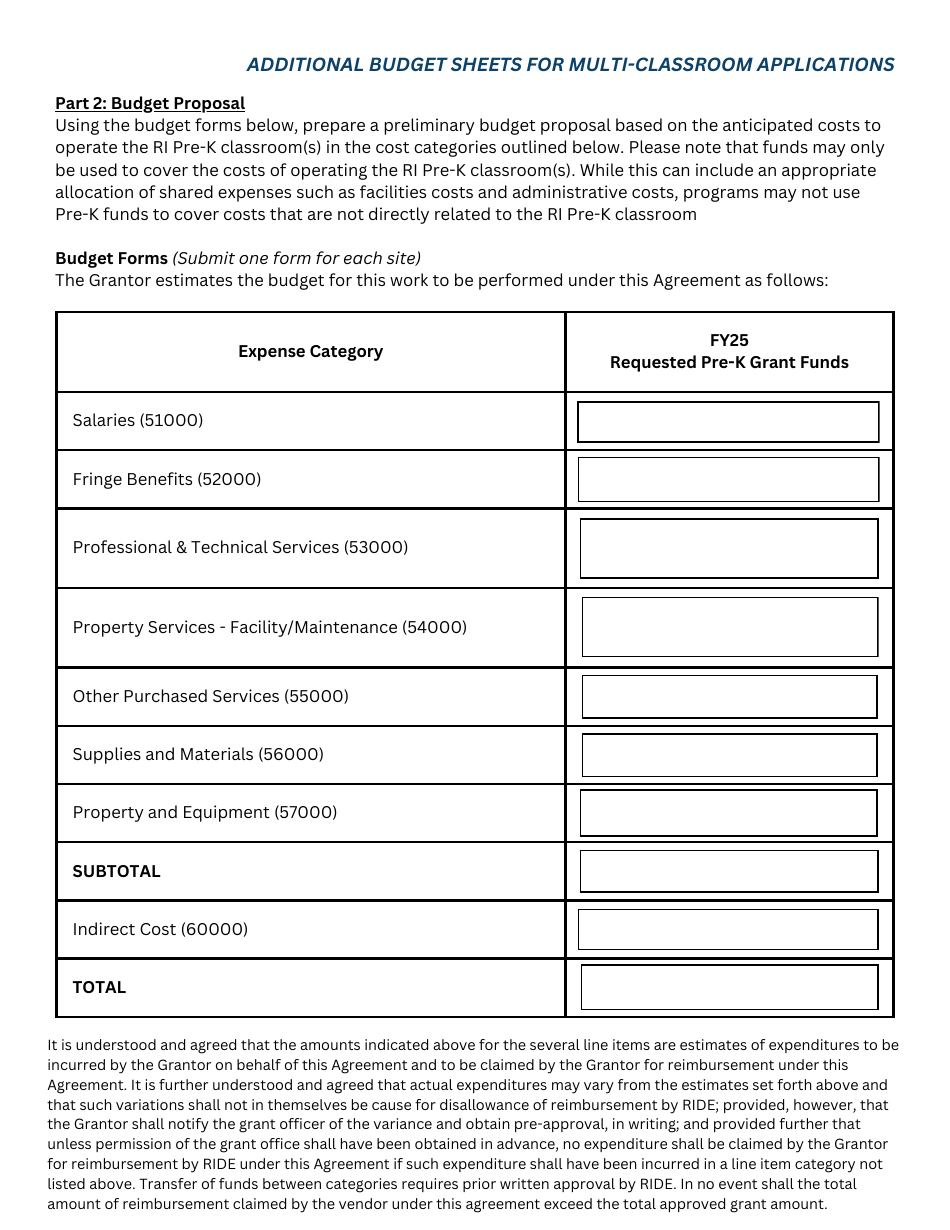 Additional Budget Sheets for Multi-Classroom Applications - Rhode Island, Page 1