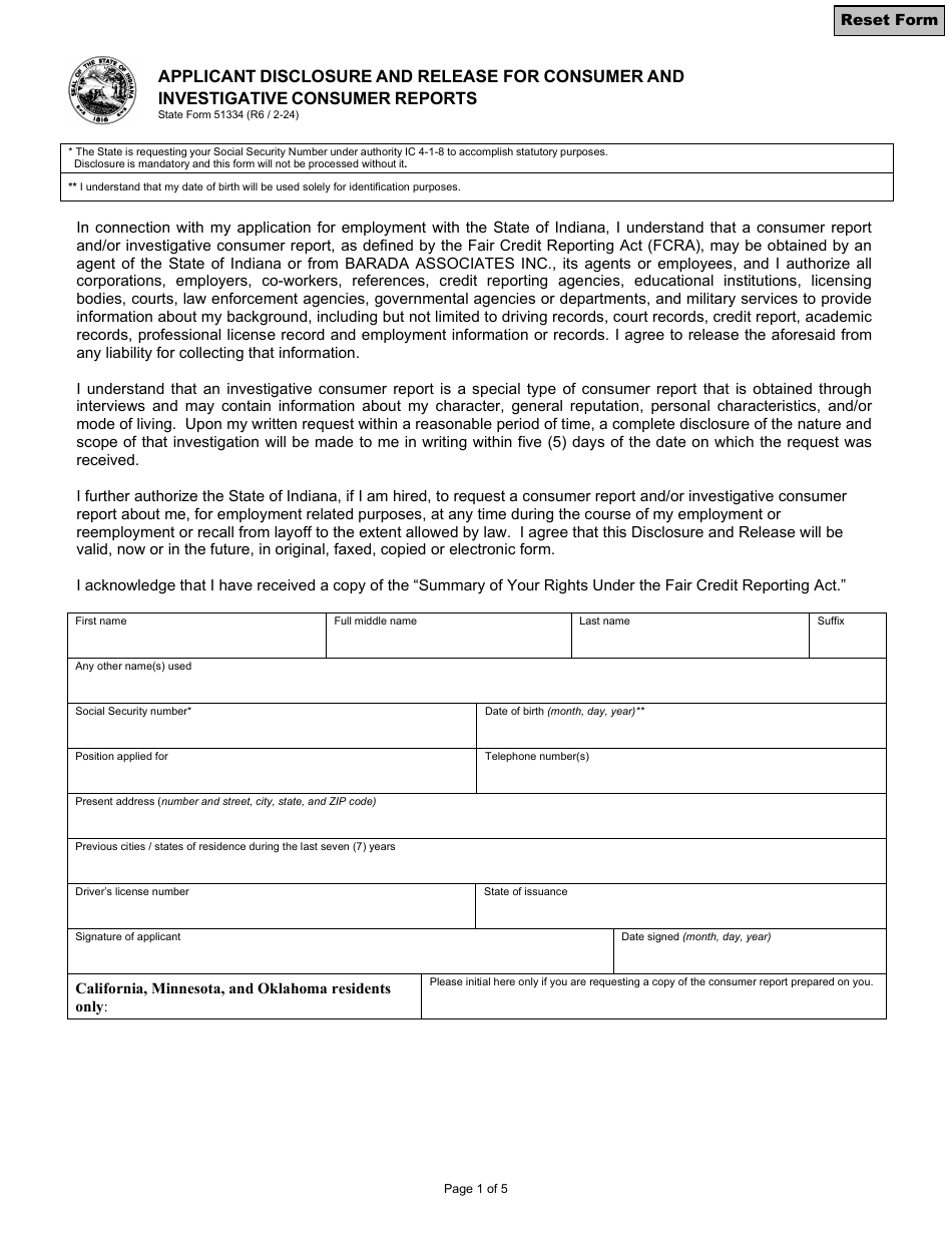 State Form 51334 Applicant Disclosure and Release for Consumer and Investigative Consumer Reports - Indiana, Page 1