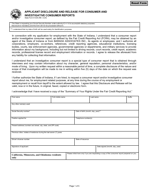 State Form 51334 Applicant Disclosure and Release for Consumer and Investigative Consumer Reports - Indiana