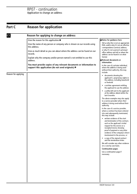 Form RP07 Application to Change an Address (Continuation Page) - United Kingdom