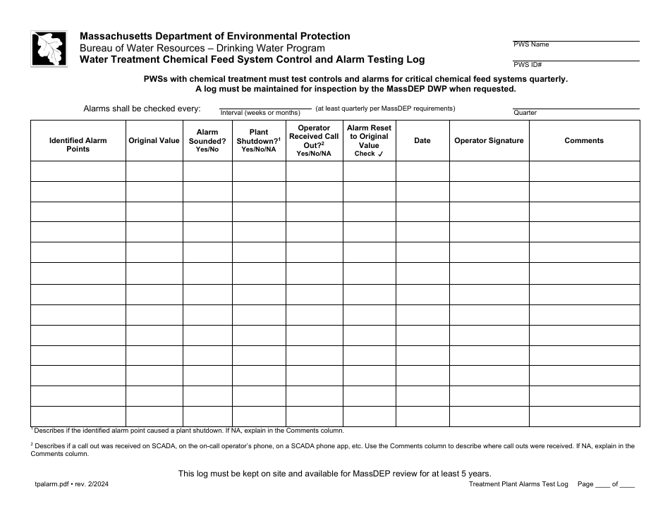 Water Treatment Chemical Feed System Control and Alarm Testing Log - Massachusetts, Page 1