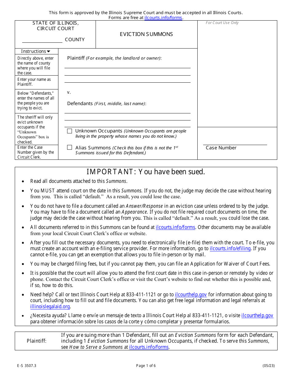 Form E-S3507.3 Eviction Summons - Illinois, Page 1