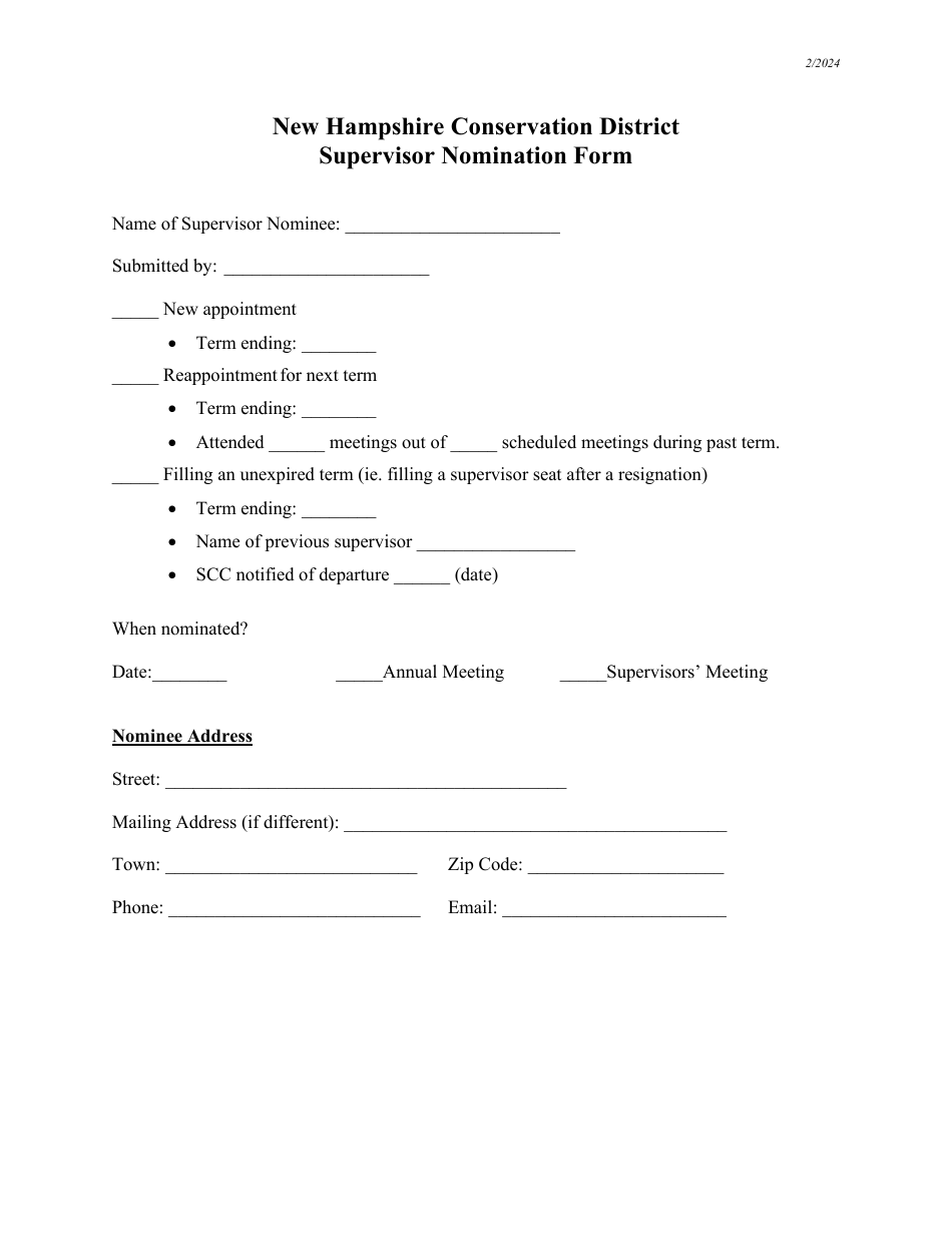 Supervisor Nomination Form - New Hampshire, Page 1