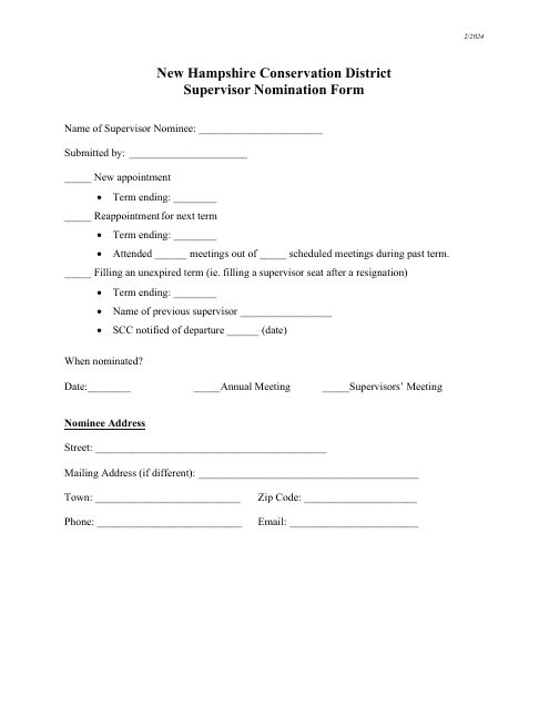 Supervisor Nomination Form - New Hampshire Download Pdf