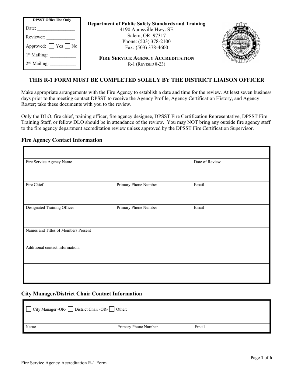 Form R-1 Fire Service Agency Accreditation - Oregon, Page 1
