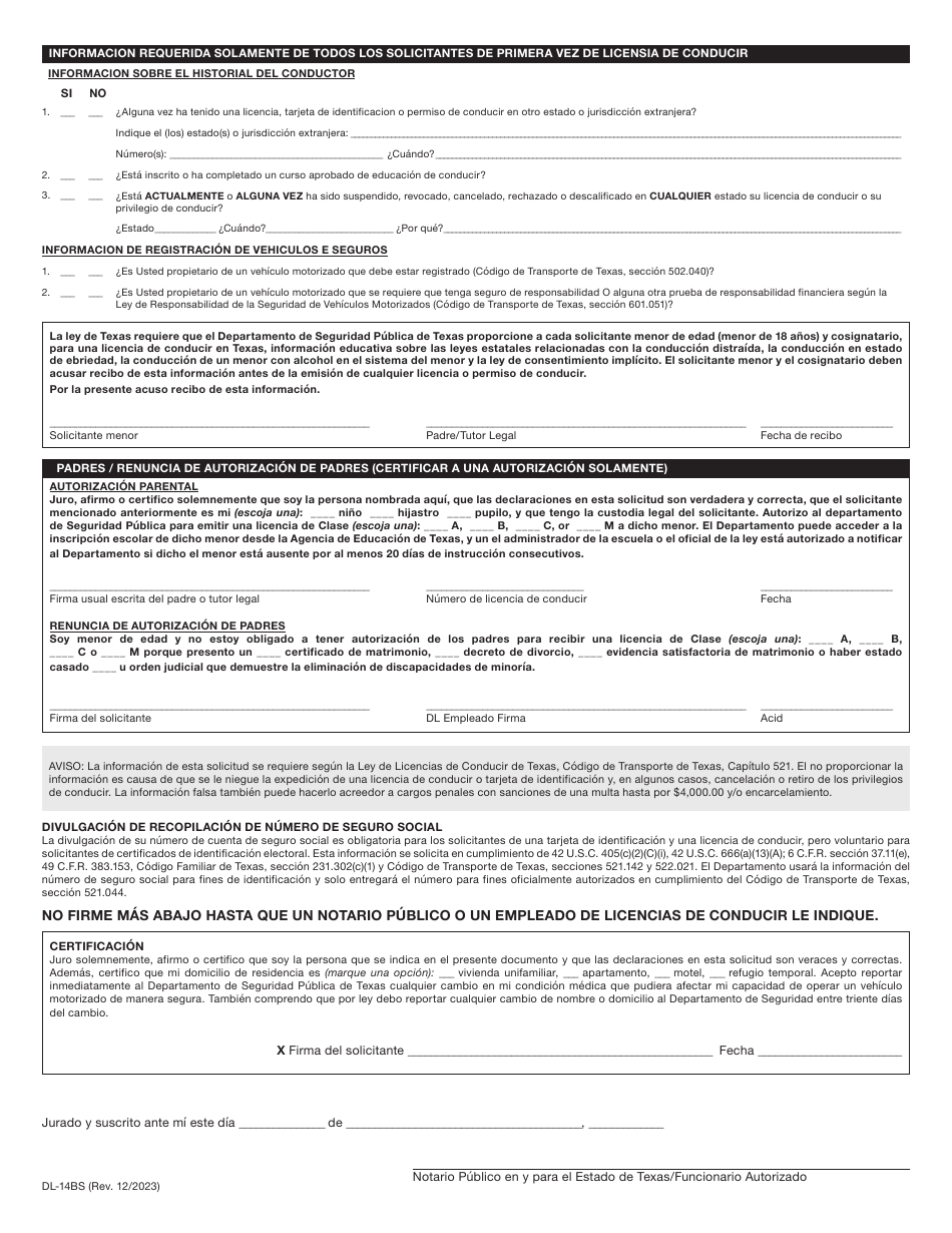 Formulario DL-14BS Solicitud De Una Licencia De Conducir (Dl) O Tarjeta De Identificacion (Id) De Texas (Menor De Edad - Bajo De 17 Anos Y 10 Meses De Edad) - Texas (Spanish), Page 2