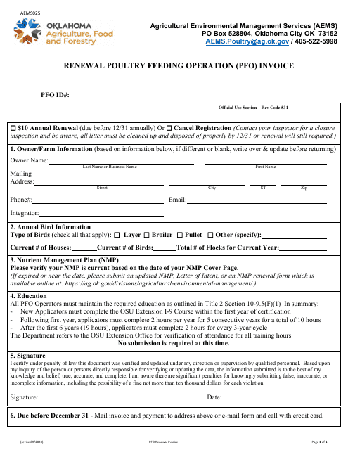 Form AEMS025 Renewal Poultry Feeding Operation (Pfo) Invoice - Oklahoma