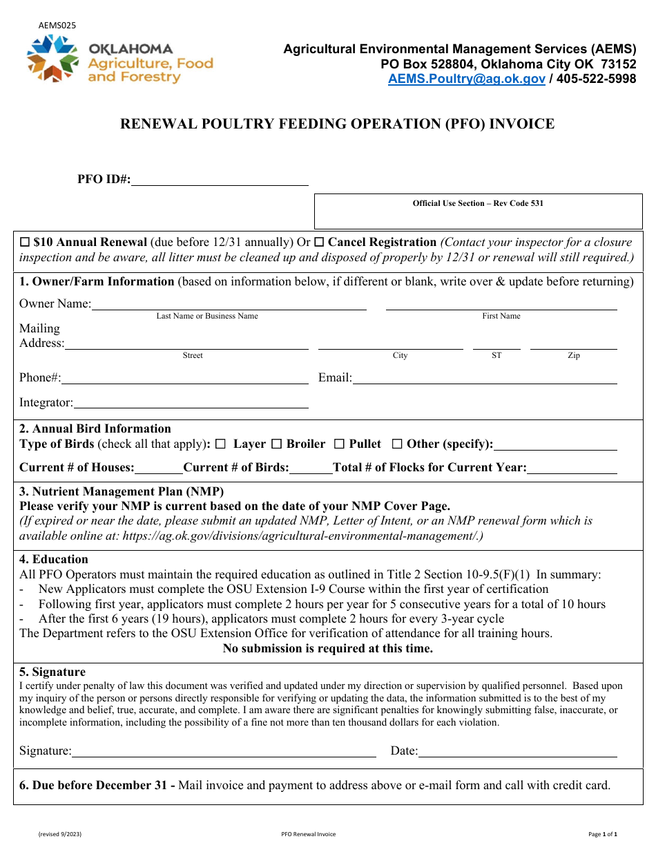 Form AEMS025 Renewal Poultry Feeding Operation (Pfo) Invoice - Oklahoma, Page 1