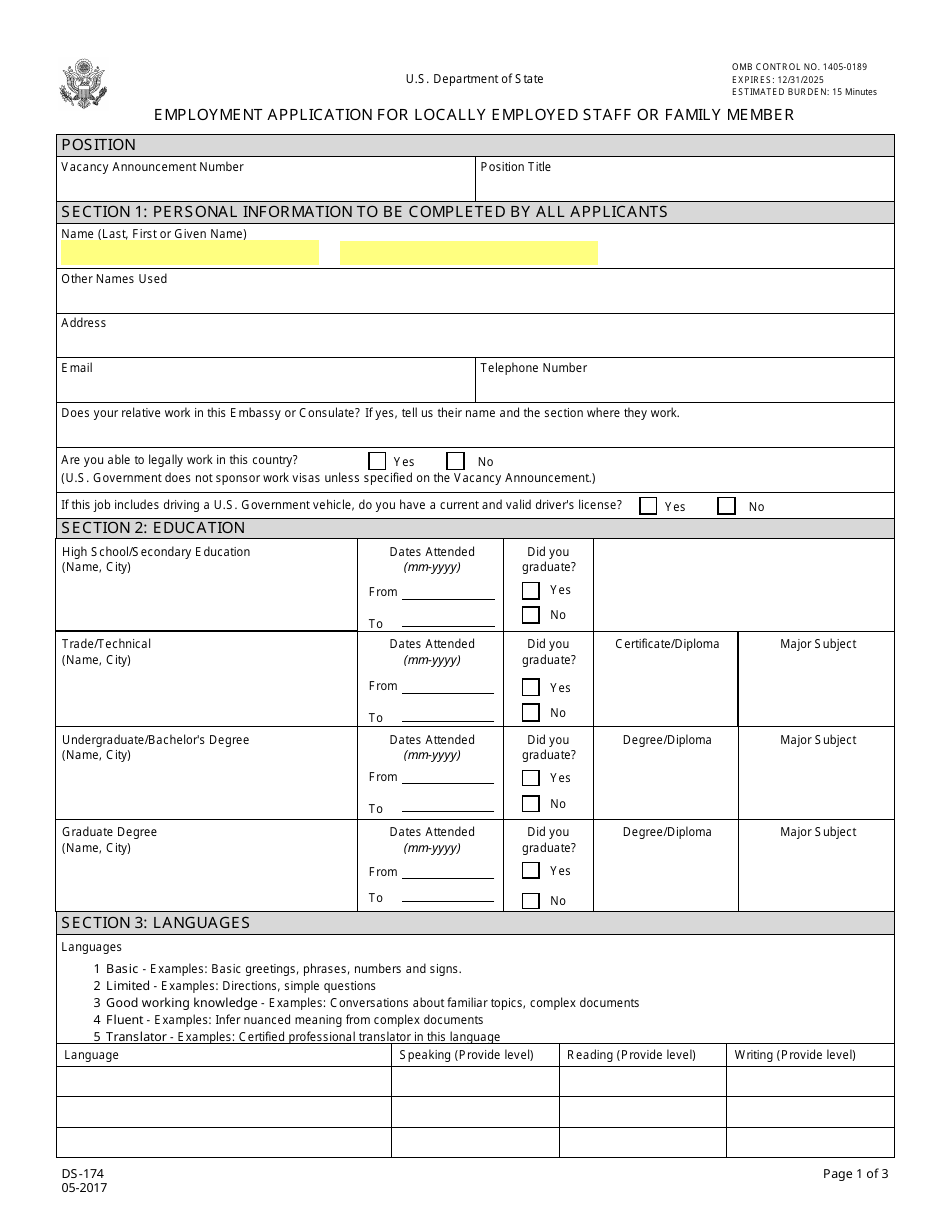 Form DS-174 Employment Application for Locally Employed Staff or Family Member, Page 1