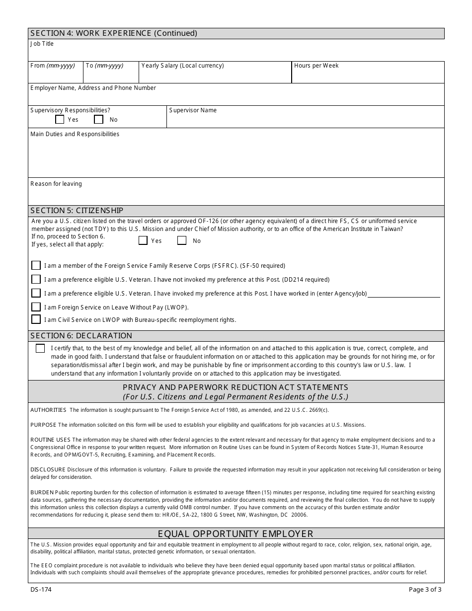 Form DS-174 Employment Application for Locally Employed Staff or Family Member, Page 3