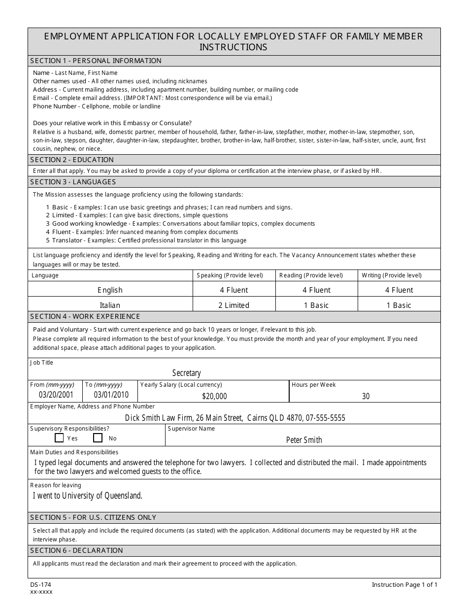Form DS-174 Employment Application for Locally Employed Staff or Family Member, Page 4