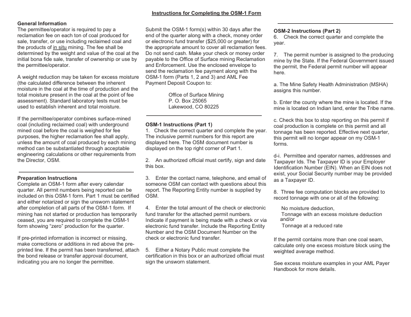 Instructions for Form OSM-1 Coal Reclamation Fee Report